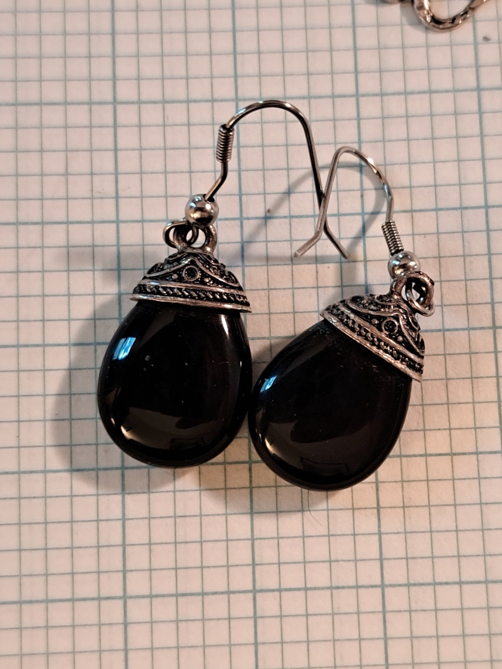 Black Teardrop Silver Tone Dangle Earrings - Elegant Women's Jewelry